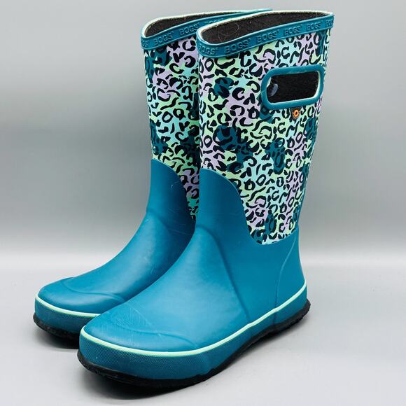 Bogs Boots Youth Girls 3 Blue Leopard Print Waterproof Rain Mid Calf Handles - Picture 3 of 10